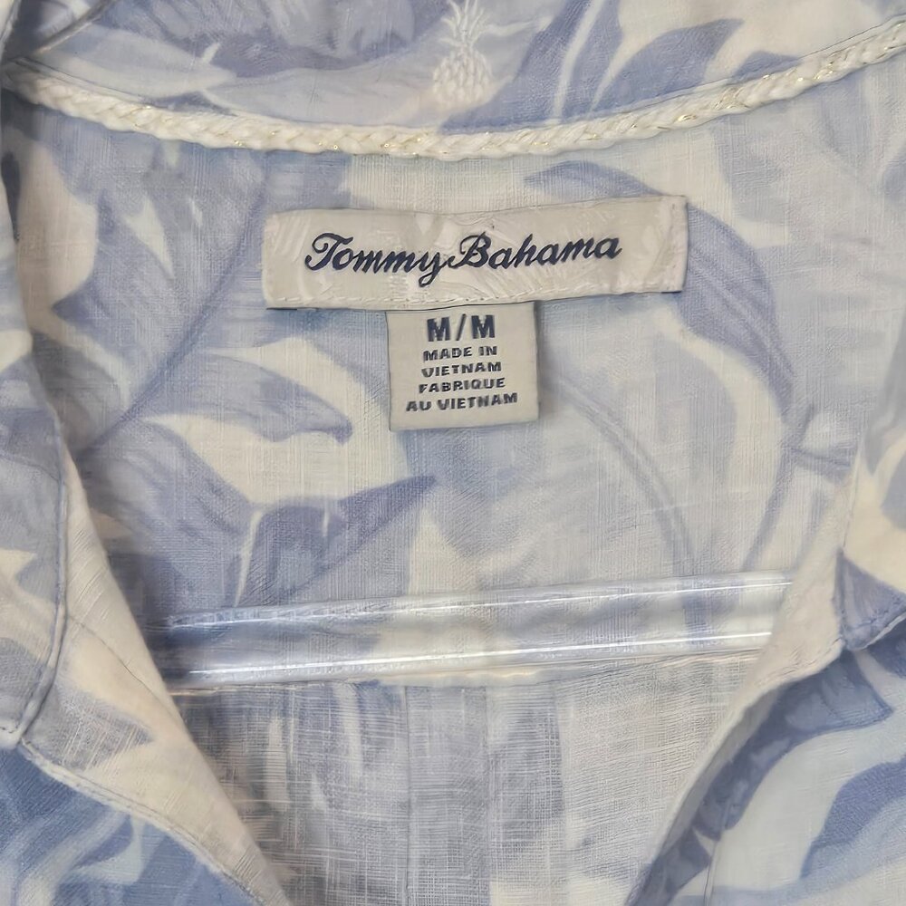 Tommy Bahama Linen Shirt Women's M White Light Blue Tropical Print Button Front - Picture 2 of 8